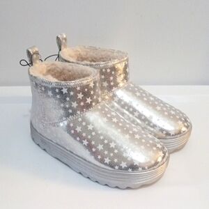 ROXY GIRLS METALLIC SILVER STAR SPANGLED SHERPA LINED ANKLE BOOTIES SIZE 2 NWT